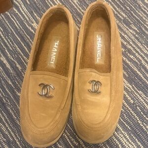 CHANEL Tan Suede CC Logo Slip-On Loafers